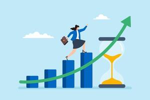 Flat illustration of confident woman walking on growing bar chart with hourglass representing patience time management and steady business progress vector