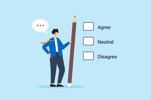 Flat illustration of businessman with giant pencil selecting option from checklist for decision making approval feedback and survey answer response vector