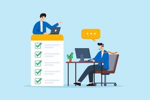 Flat illustration of support staff communicating checklist tasks to customer using headset and computer in remote service interaction vector