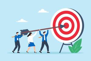 Flat illustration of business team pushing giant arrow to hit bullseye target for corporate mission and team success vector