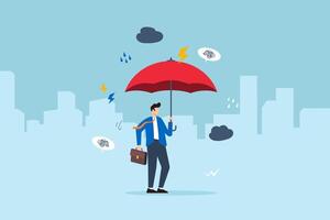 Flat illustration of calm businessman using umbrella to shield from falling criticism negativity and chaos with emotional strength and resilience vector