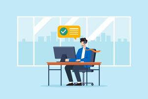 Flat illustration of office employee answering customer calls with headset and desktop computer at work desk in modern workplace vector