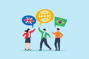 Flat illustration of diverse people using different languages with global icons for multilingual communication and connection vector