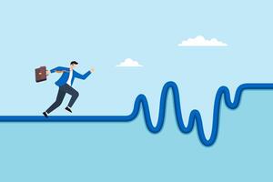 Flat illustration of businessman running on winding unstable path symbolizing career challenges uncertainty and persistence through ups and downs vector