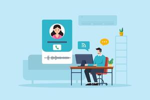 Flat illustration of remote call center operator answering customer with headset and computer during online voice communication vector