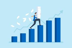 Flat illustration of businessman climbing growing bar chart while carrying heavy paperwork as symbol of pressure growth and productivity challenge vector