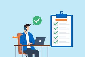 Flat illustration of business consultant solving issues on phone call with checklist and laptop in office support task completion vector