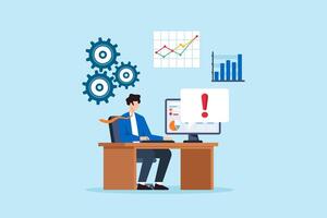 Flat illustration of office employee solving system issues with dashboard alert and data analytics in modern workplace vector
