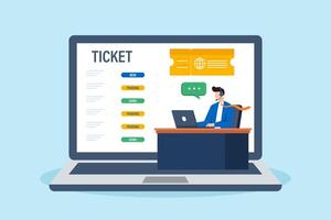 Flat illustration of support staff reviewing customer tickets with laptop and headset during online call in helpdesk service dashboard vector