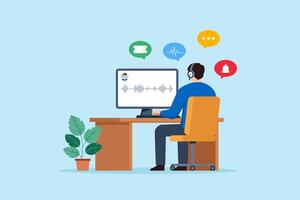 Flat illustration of remote consultant reviewing support tickets and notifications with headset and computer at home office desk vector