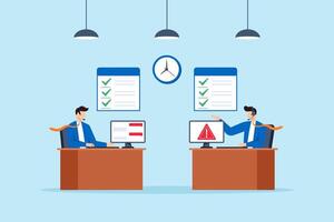 Flat illustration of support staff solving technical issues with headset and computer in office with checklist alert sign and chat on screen vector