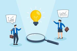 Flat illustration of business people discovering bright idea under magnifying glass spotlight teamwork innovation creativity and solution insight vector