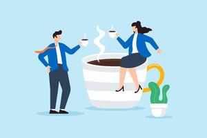 Flat illustration of two business people enjoying coffee break with giant cup symbolizing workplace bonding casual talk and conversation relaxation vector