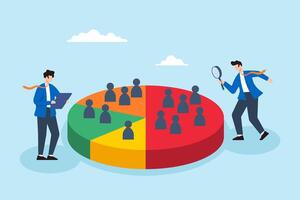 Flat illustration of business people analyzing demographic data on pie chart for customer segmentation market targeting and advertising strategy vector