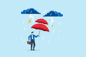 Flat illustration of businessman holding double umbrella shielding from storm clouds lightning and rain crisis protection and resilience vector