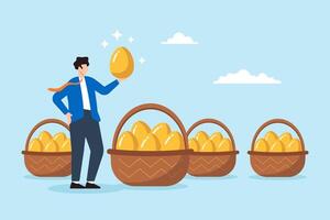 Flat illustration of businessman holding golden egg and filling baskets representing wealth strategy diversification and financial security vector
