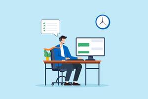 Flat illustration of consultant assisting clients with headset and chat interface at office desk in customer support service vector