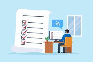 Flat illustration of remote support operator reviewing tickets with checklist on computer during online assistance vector