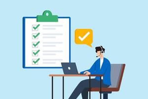 Flat illustration of support specialist answering customer calls with headset and laptop completing checklist tasks in helpdesk service vector