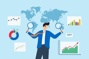 Flat illustration of businessman analyzing global market with magnifying glasses surrounded by graphs charts and world map for business insight vector