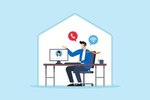 Flat illustration of remote support specialist answering customer calls with headset and computer from home office setup vector