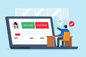 Flat illustration of customer support agent reviewing open and closed tickets with headset at desk in online helpdesk system vector