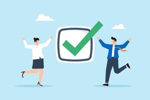 Flat illustration of happy business people celebrating big checkmark symbolizing task completion project success teamwork and achievement vector