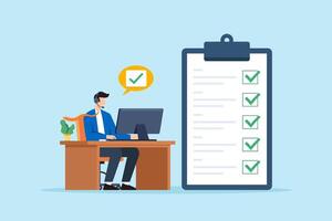 Flat illustration of support specialist checking completed checklist with headset and computer at office desk in customer service task monitoring vector