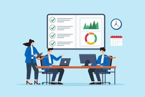 Flat illustration of business staff communicating checklist tasks with dashboard and analytics report in office teamwork discussion vector