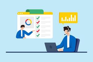 Flat illustration of consultant communicating tasks with client using dashboard and analytics report in remote customer support service vector