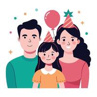 contento familia con globos y fiesta sombreros ilustración vector