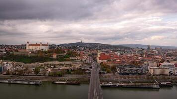 Day timelapse of the city of Bratislava in Slovakia and the castle on a beautiful sunset video