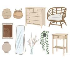 A stylish collection of illustrations featuring rustic and bohemian-inspired furniture, for interior design visuals, lifestyle content, and home decor projects vector
