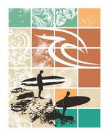 Silhouette illustration of surfers standing on rocks in front of the sea in composition with abstract background. vector