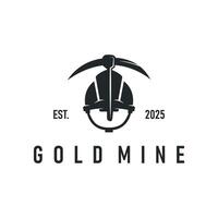 mining logo design simple minimalist concept gold mountain mining with worker hat, pickaxe tool, template illustration symbol vector