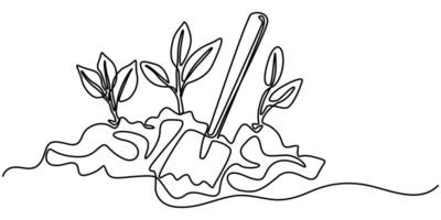 Continuous one line drawing small trees are planted with help of a shovel vector