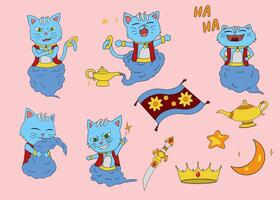 A playful illustration featuring cartoon cat genies in various poses, surrounded by magic lamps, a carpet, and whimsical elements on a pink background. vector