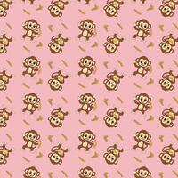 Cute cartoon monkeys and bananas repeat in a playful pattern on a pink background. vector