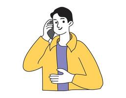 Man in yellow jacket talking on his phone vector