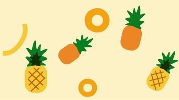 A playful layout of scattered pineapples and slices on a creamy yellow background, creating a cheerful and spontaneous tropical design aesthetic video