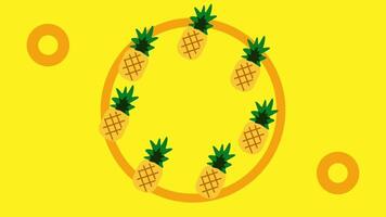 A circular design of pineapples and rings on a bright yellow backdrop, forming a fun and balanced fruit-themed visual centerpiece video