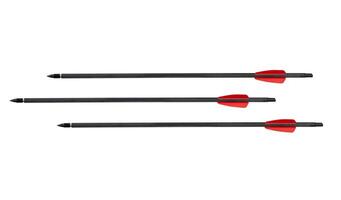 Three black crossbow bolts with red plastic fletching and sharp metal tips on a white back photo