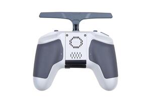 Back view of white and gray drone controller with textured grips and antenna, isolated on white back photo