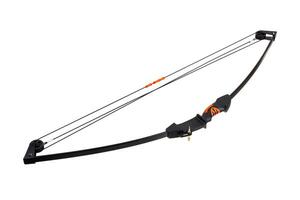 Modern compound bow with orange grip and dual-string system photo
