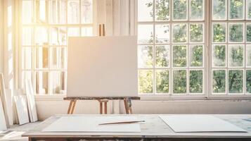 Large blank canvas standing on a wooden easel in a sunlit artist studio with brush and paper sheets lying on table and large window with view on green trees in background photo