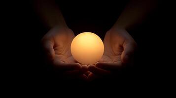 Luminous glowing sphere nestled in cupped hands, radiating warmth and potential against shadowy background, representing innovative thinking and human connection photo