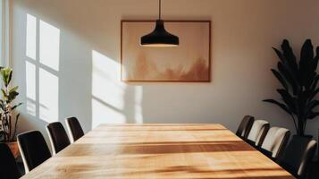 Sunlight streams into a modern, minimalist conference room, illuminating a large wooden table and chairs, creating a peaceful and productive atmosphere photo