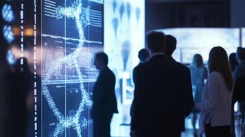 Scientists analyzing digital dna sequence on expansive screen, collaborating within high-tech laboratory environment, demonstrating cutting-edge genomic research technology photo
