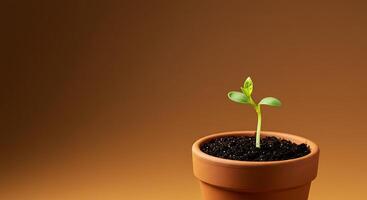 A small plant sprouting from a clay pot on a brown background photo