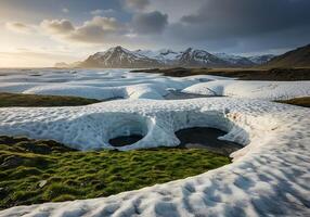 A view of a glacier with snow and grass photo